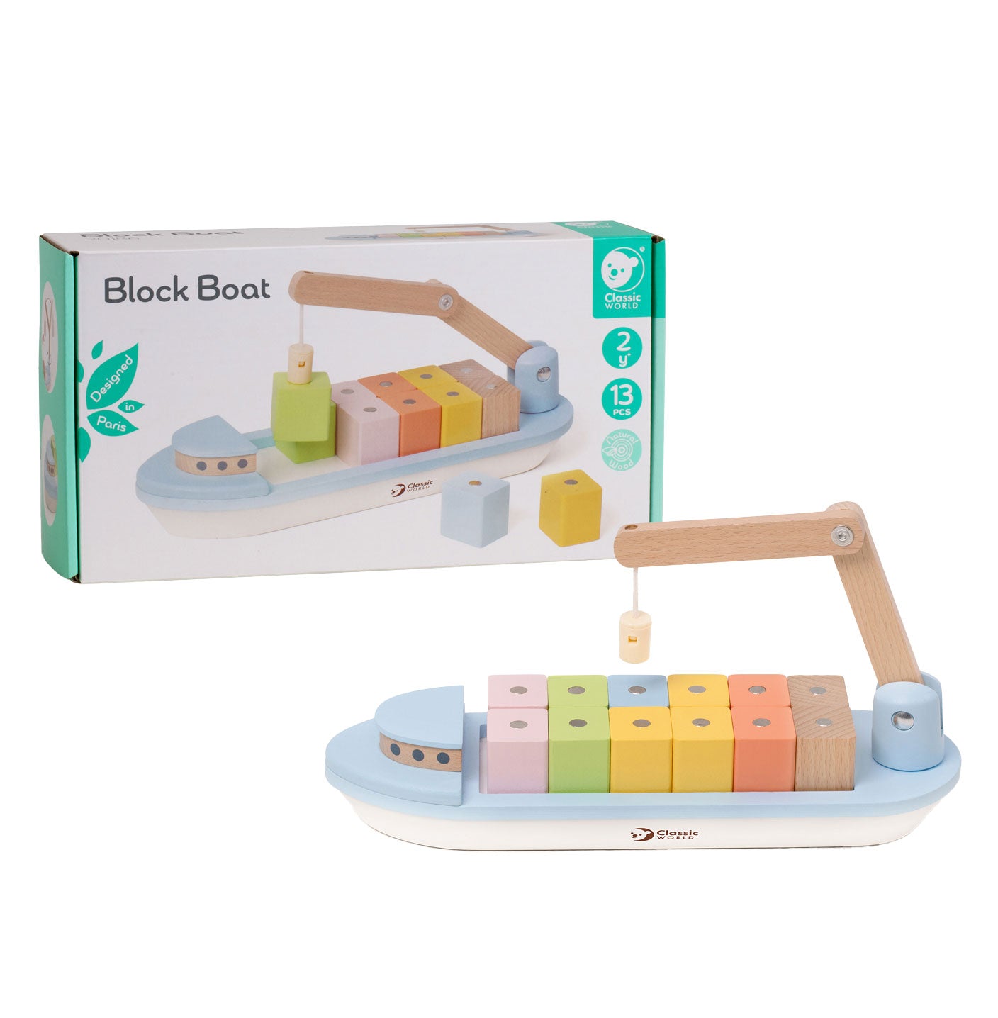 Classic World - houten blokkenboot met kraan 13dlg.