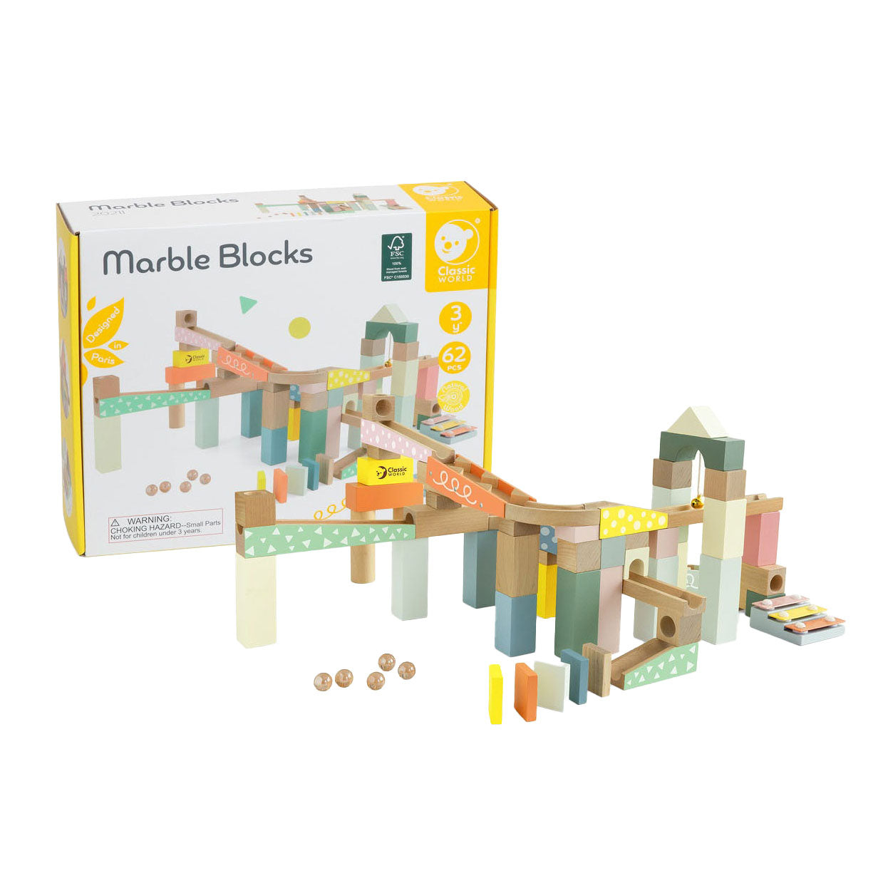 Classic world houten knikkerbaan bouwset, 62dlg.