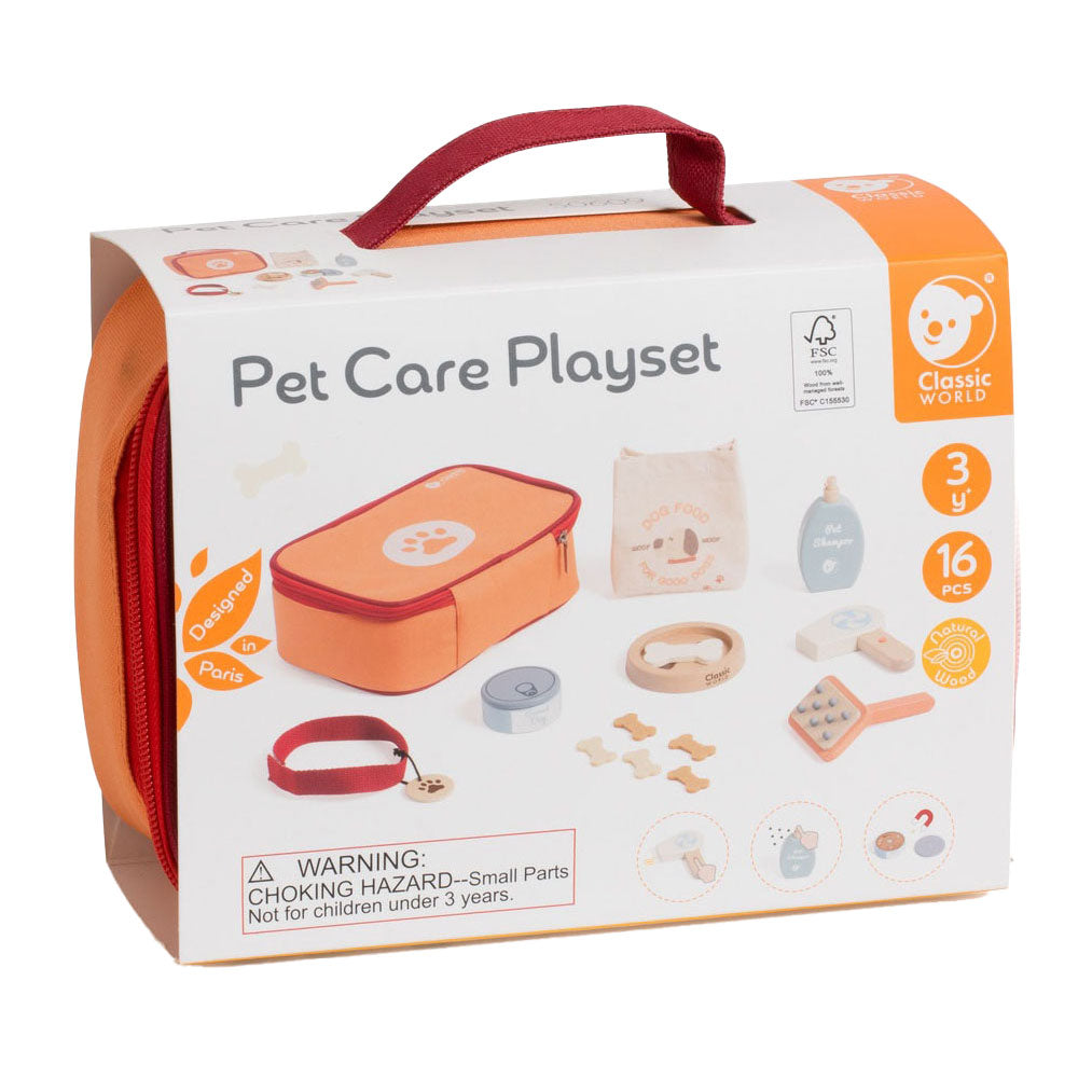 Classic World - houten dieren verzorgen speelset - rollenspel speelgoed tas