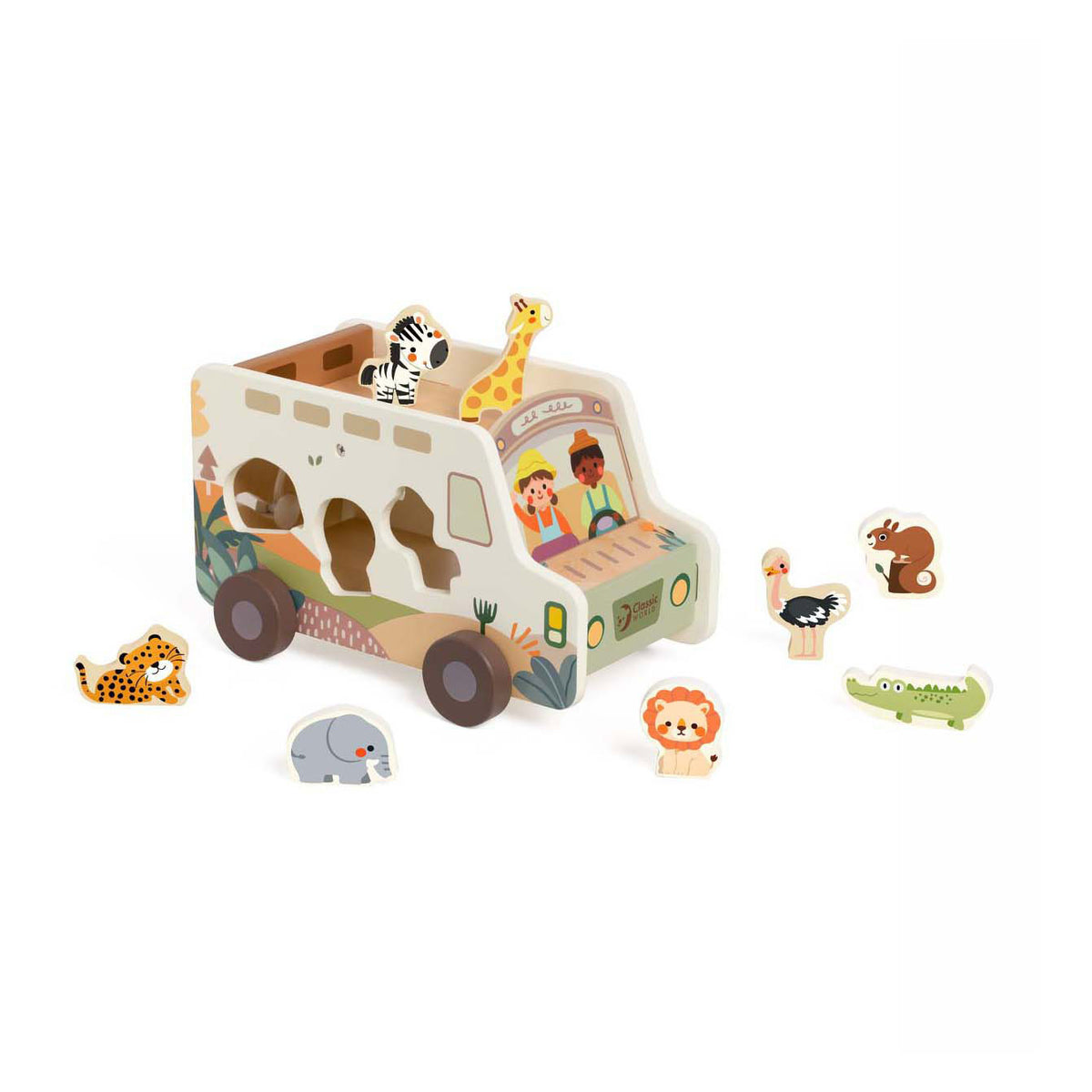 Classic World - houten avonturen safari auto vormenstoof 9 delig