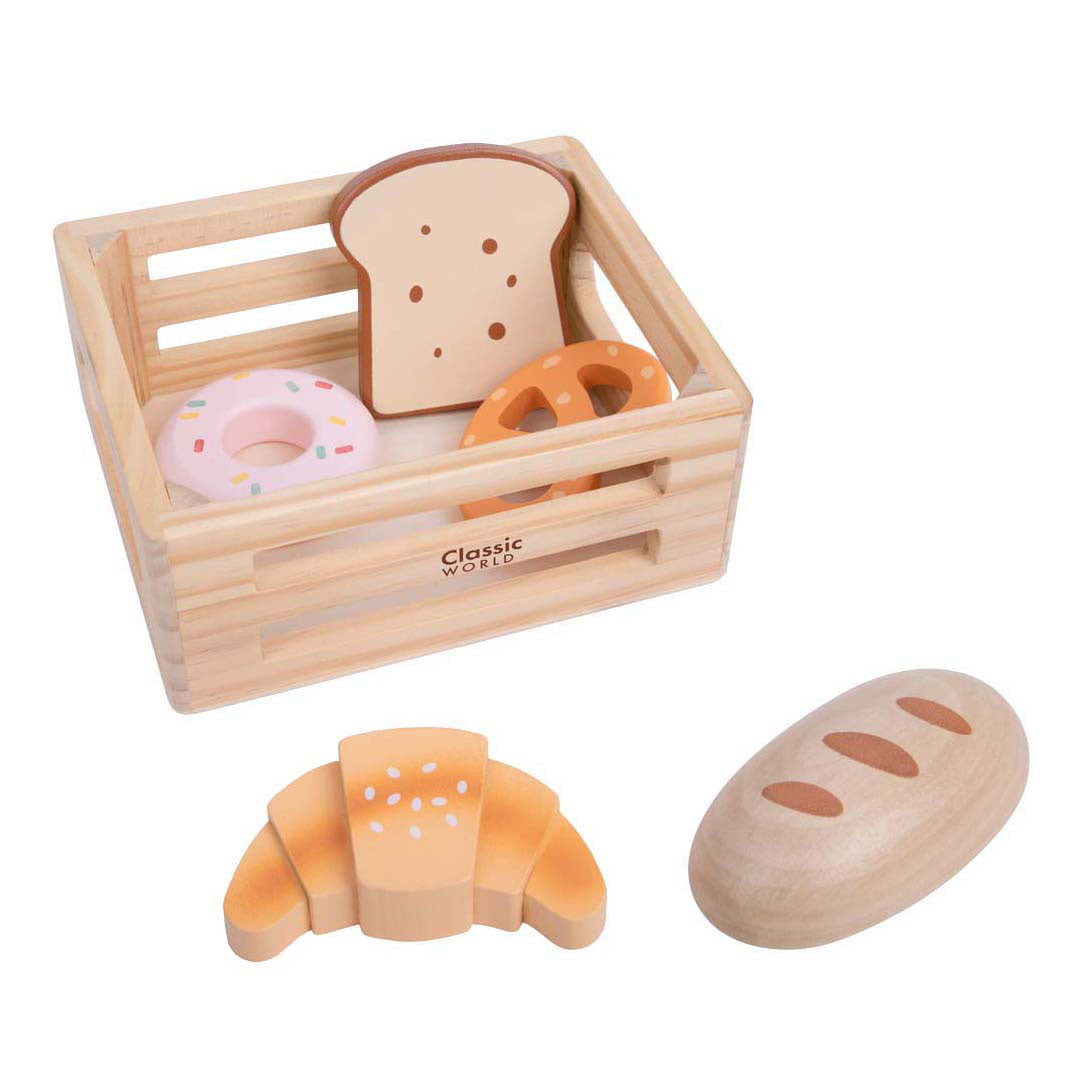 Classic World - houten speelgoed krat met brood en lekkernijen.