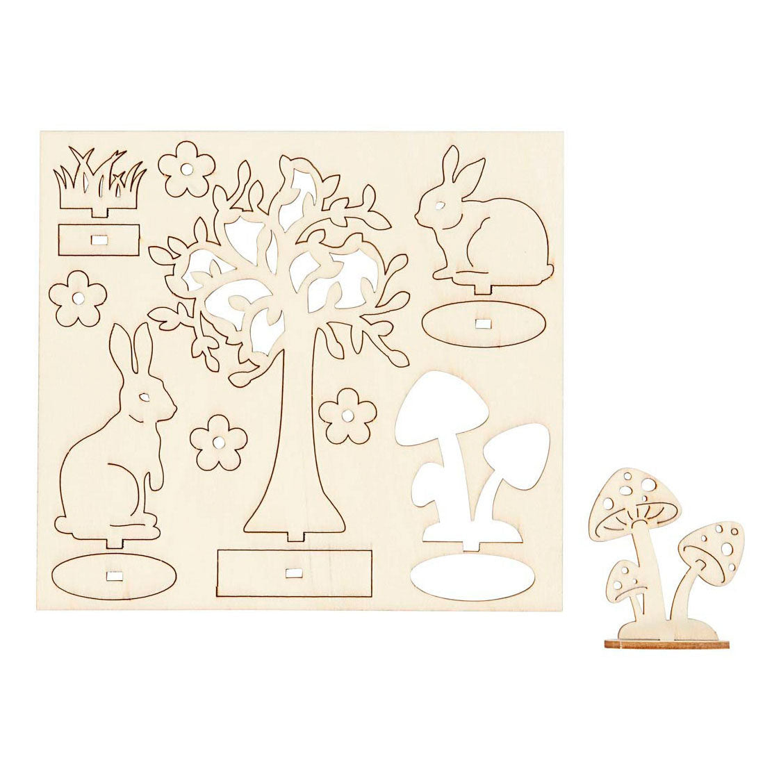 Creativ company diy houten figuren hazen, boom en paddestoelen