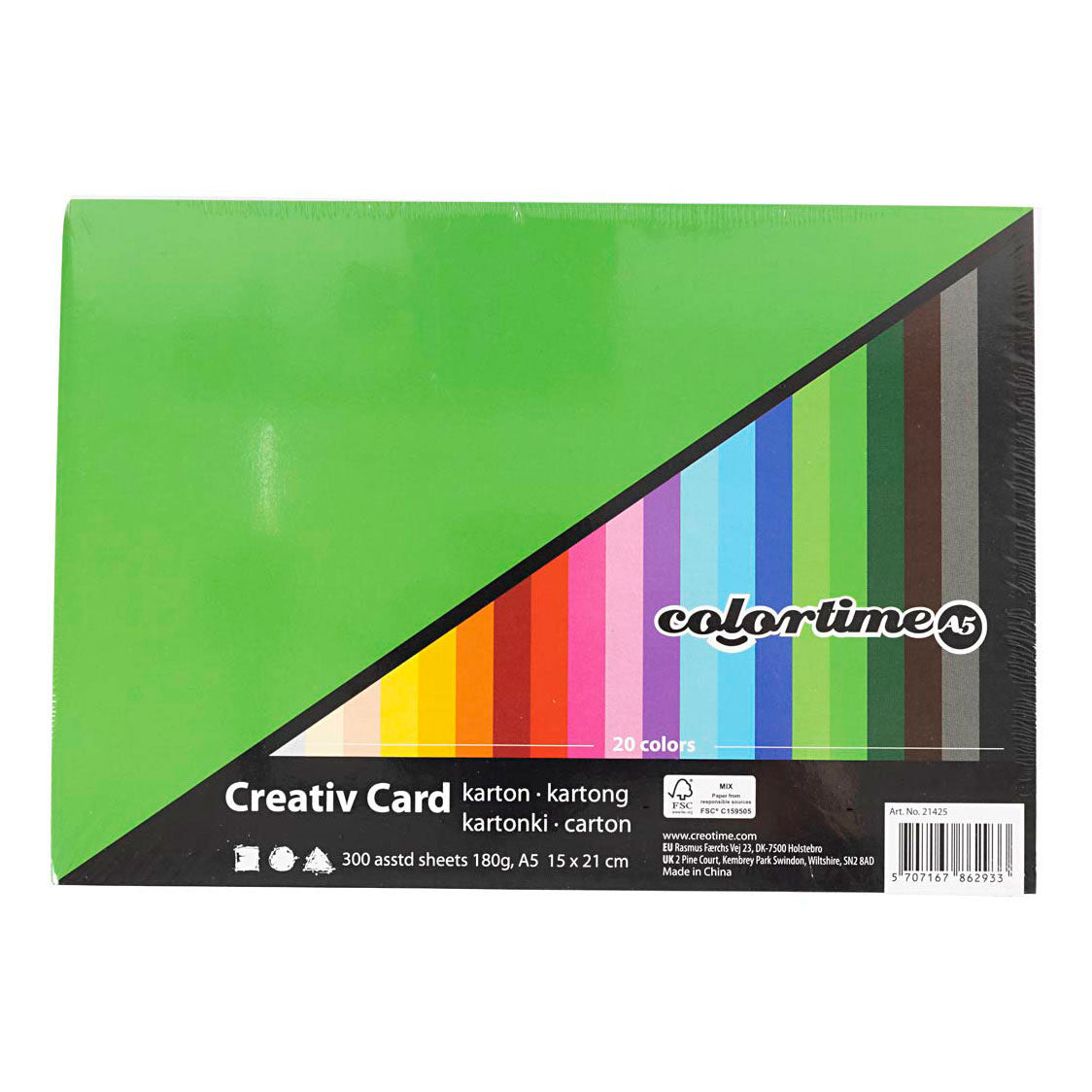 Gekleurd karton, a5, vel 148x210 mm, 180 gr, diverse kleuren, 300 div vellen 1 doos