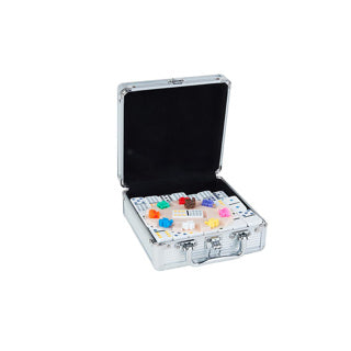 Engelhart - Engelhart Domino dubbel 12 mexican train – 91 stenen met gekleurde ogen – luxe aluminium koffer met handvat – inclusief station & treinen – strategisch familiespel –
