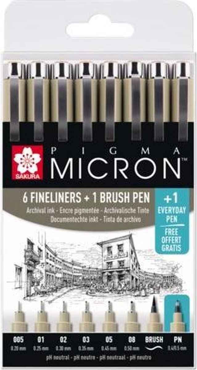 Sakura - Sakura pigma micron fineliners - etui promotieset - 7 fineliners zwart en 1 pigma micron pn