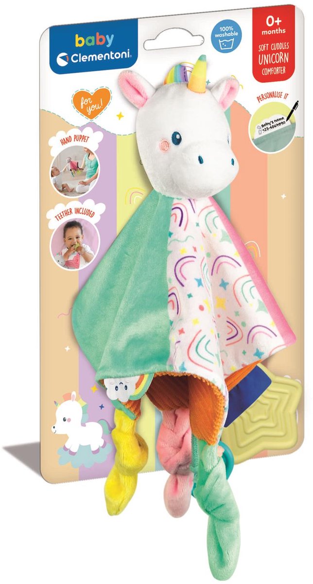 Clementoni - knuffeldoekje eenhoorn soft cuddles - knuffeldoek met voeldetails - zacht kraamcadeau jongen of meisje - baby comforter vanaf 0 maanden