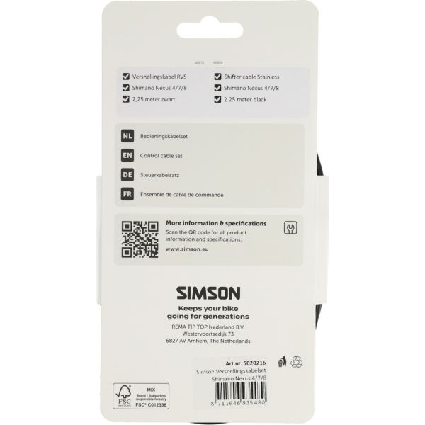 Simson - Versnellingskabelset nexus 4/7/8 rvs - zwart