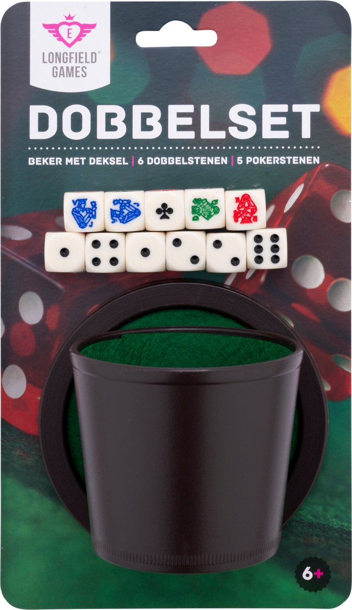 Longfield - Longfield Pokerbeker met deksel – inclusief 2 sets dobbelstenen (16 mm) – dobbelset – klassiek dobbelspel & familiespel – engelhart