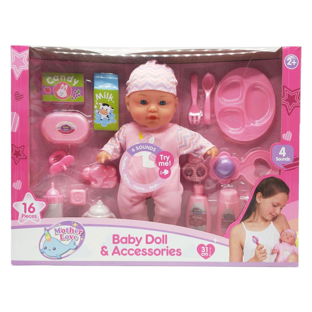 - Babypop met Geluiden en 16 Accessoires - 31cm