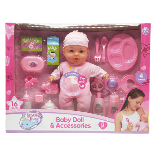 - Babypop met Geluiden en 16 Accessoires - 31cm