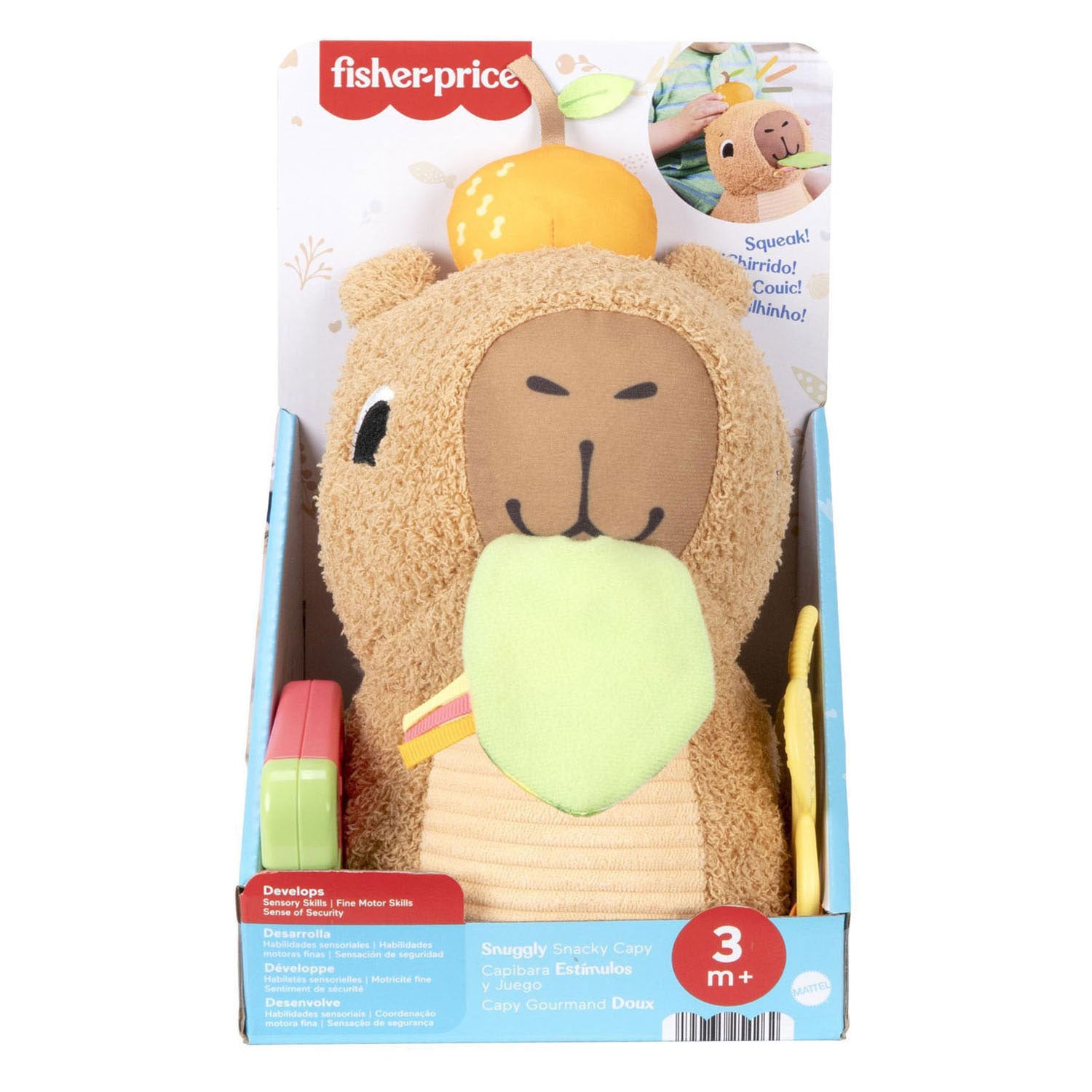 Fisher-Price - Fisher-Price snackende capibara knuffel - zintuiglijk speelgoed met bijtring en rammelaar
