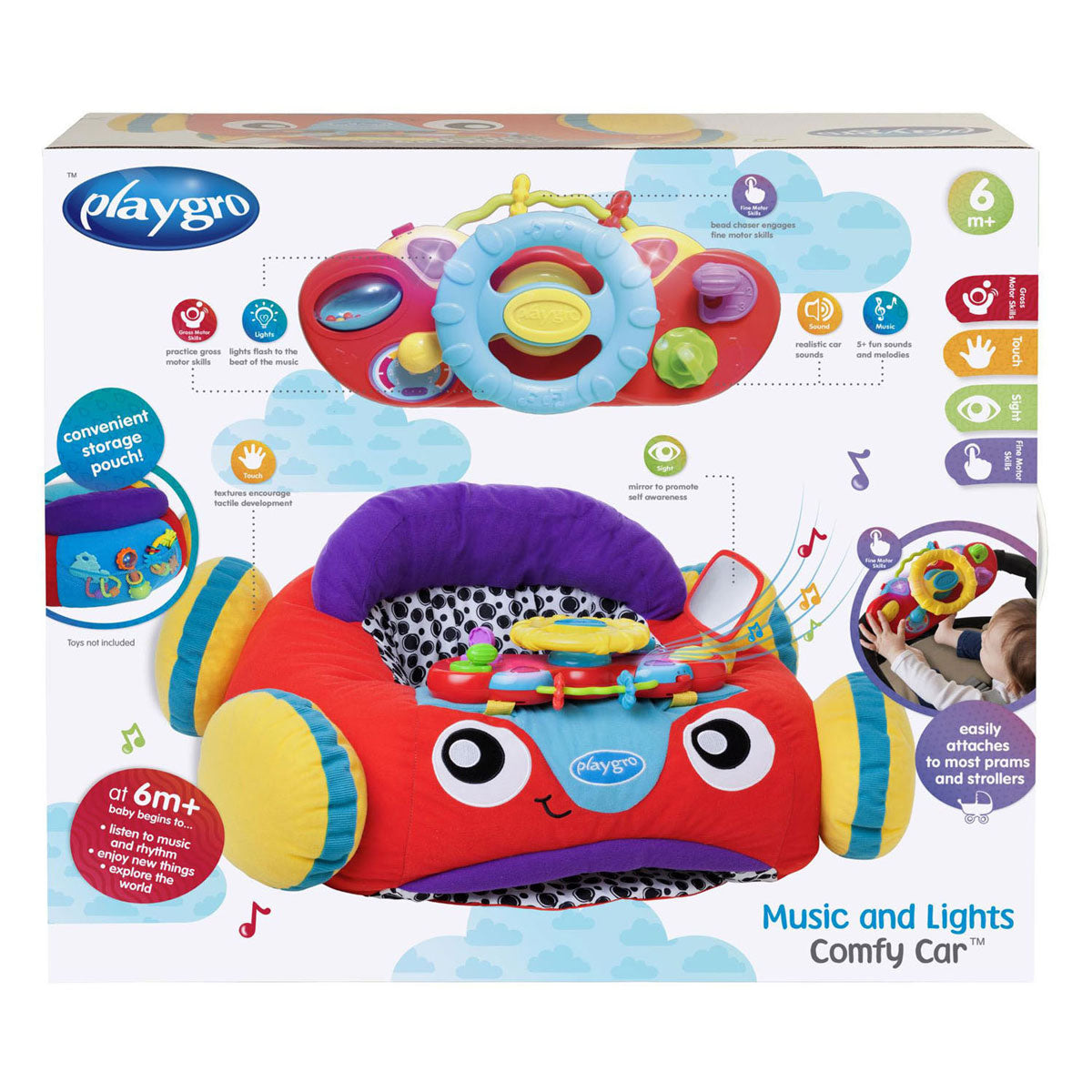 Playgro - gro comfy car - pluchen zitkussen baby - speelkussen baby - activiteitenkussen - babyspeelgoed - interactief baby speelgoed - babygym - speelkleed baby - pluchen auto baby - auto - kraamcadeau - met licht en geluid
