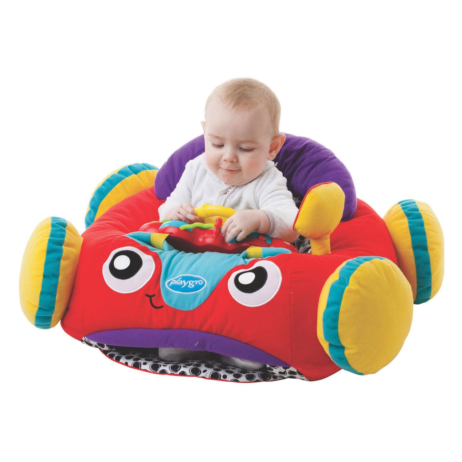 Playgro - gro comfy car - pluchen zitkussen baby - speelkussen baby - activiteitenkussen - babyspeelgoed - interactief baby speelgoed - babygym - speelkleed baby - pluchen auto baby - auto - kraamcadeau - met licht en geluid