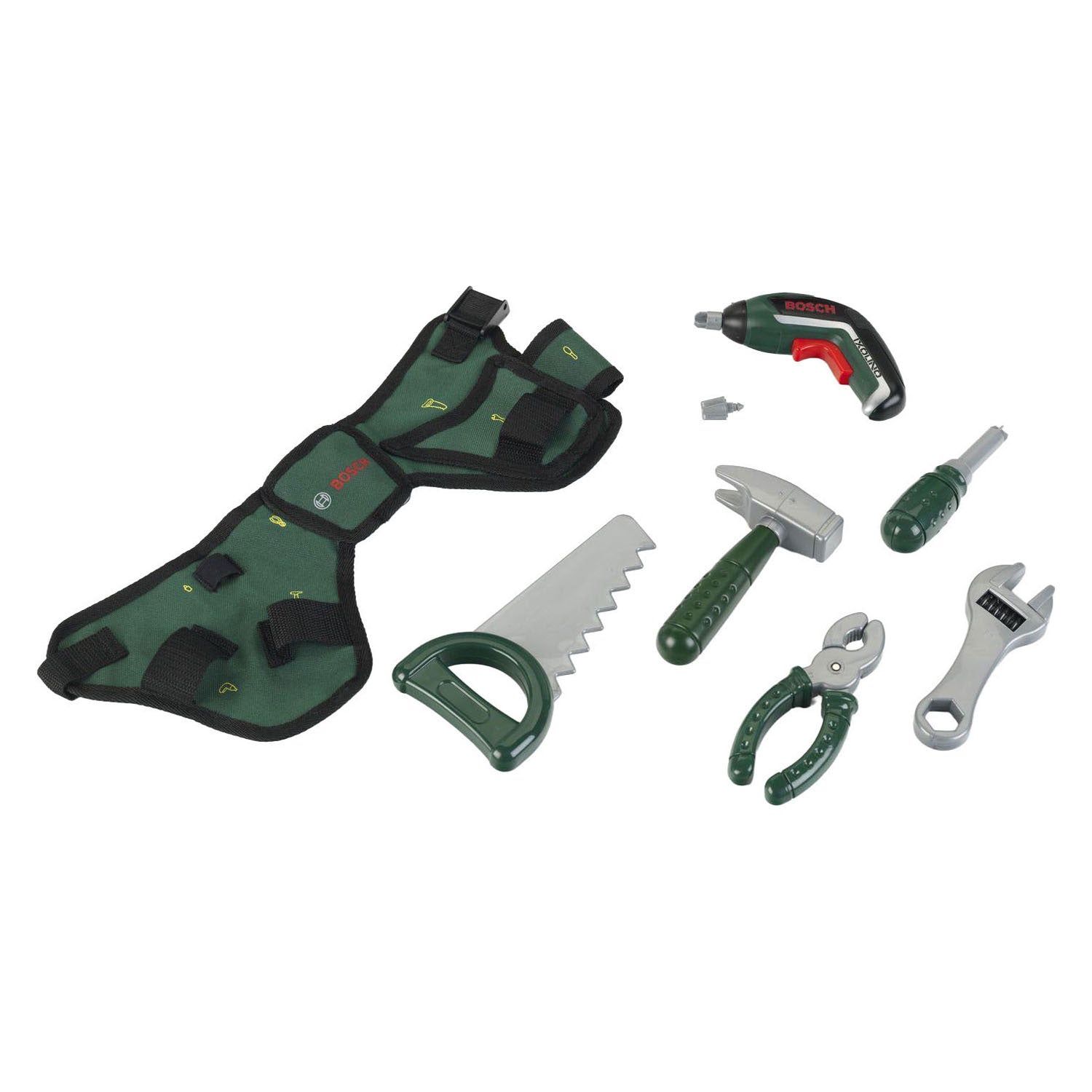 Klein toys bosch mini gereedschapsgordel-set - accuschroevendraaier, hamer, tang, zaag, moersleutel, schroevendraaier - incl. licht- en geluidseffecten - groen rood