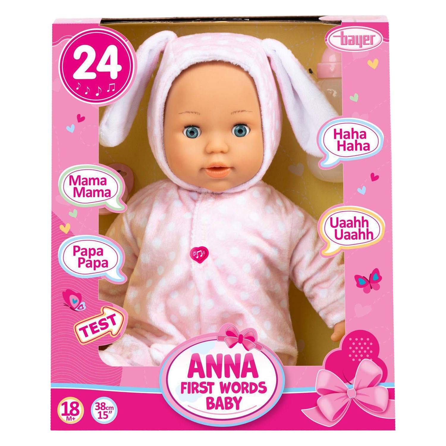 Bayer Design - Bayer Design - babypop anna first words baby met geluid 38 cm in roze
