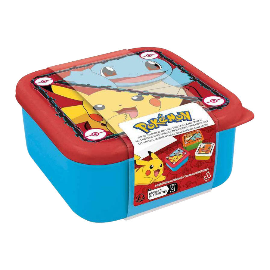Stor - Stor Pokémon 3-in-1 snackdoosjes - 3 formaten - vierkant - sluit goed af - lunchboxen voor kinderen - los deksel - geschikt voor koekjes fruit en snacks - blauw/geel/groen