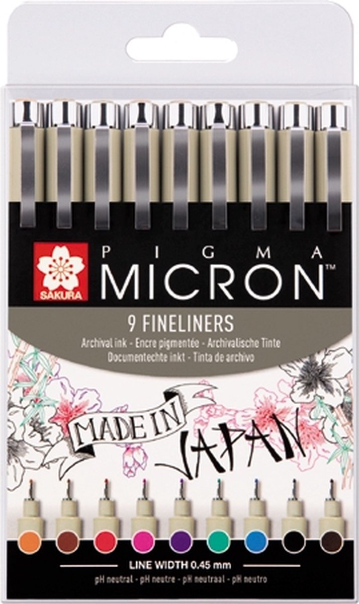 Sakura - Sakura pigma micron 05 fineliners etui - 9 kleuren - 0.45mm