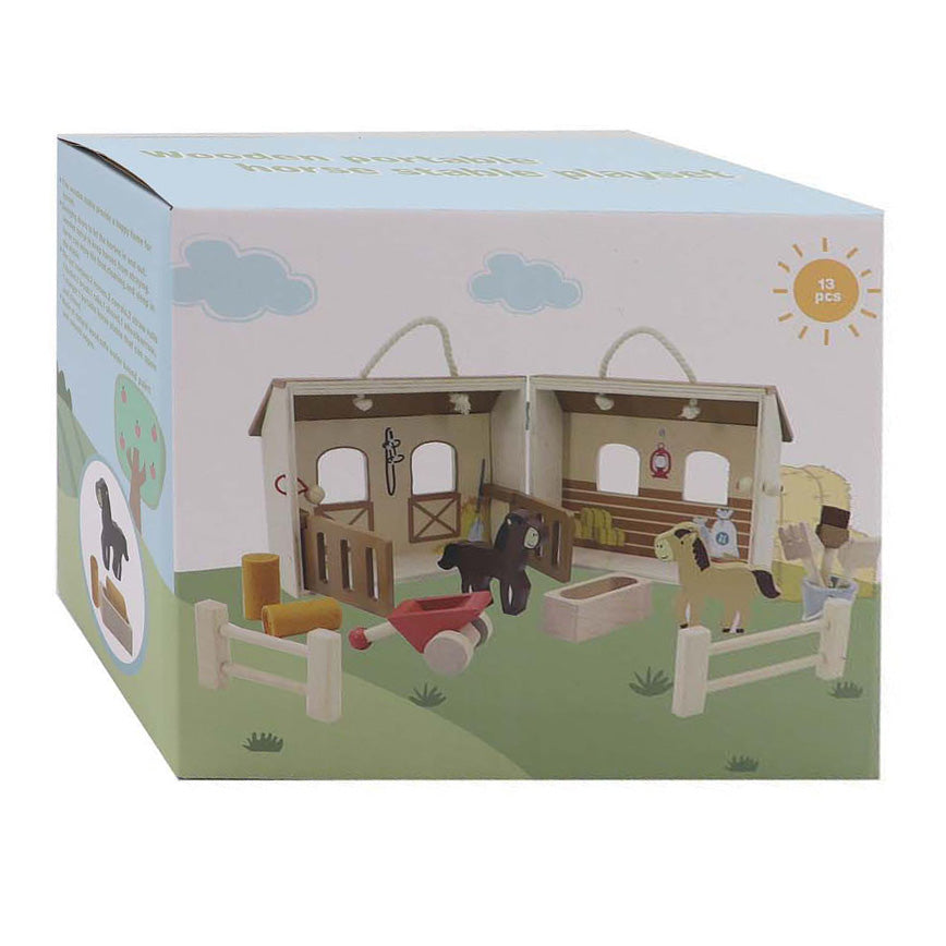 Houten paardenstal speelset draagbaar, 13dlg.