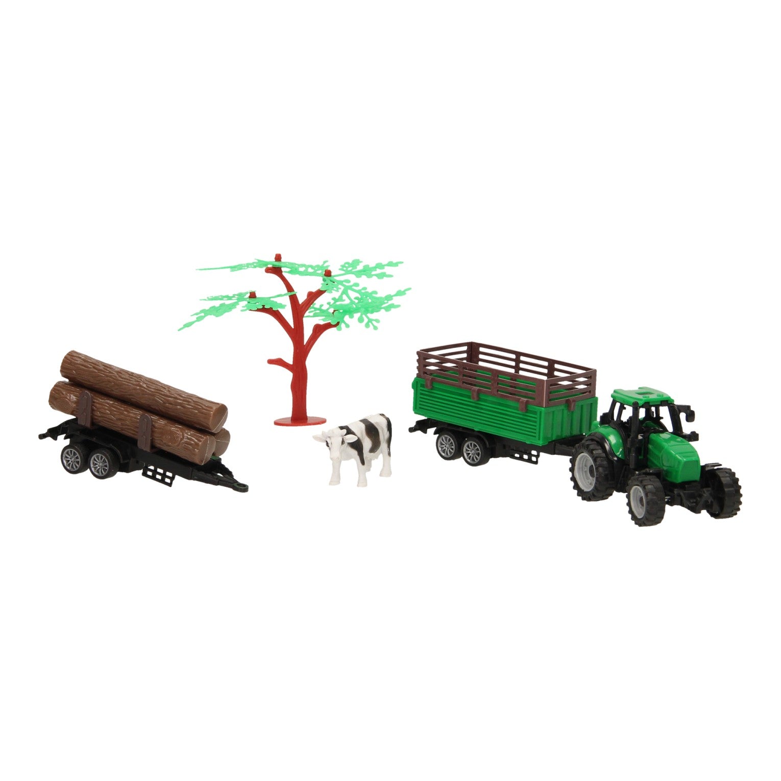 Lobbes tractor met aanhangwagen, boomstammen en koe