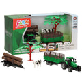 Lobbes tractor met aanhangwagen, boomstammen en koe