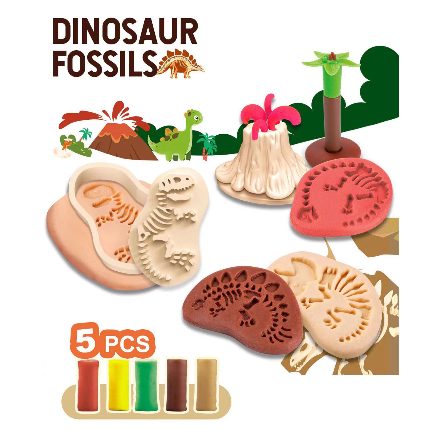 - Kleiset Dinosaurus Fossielen - 5 Kleuren Klei