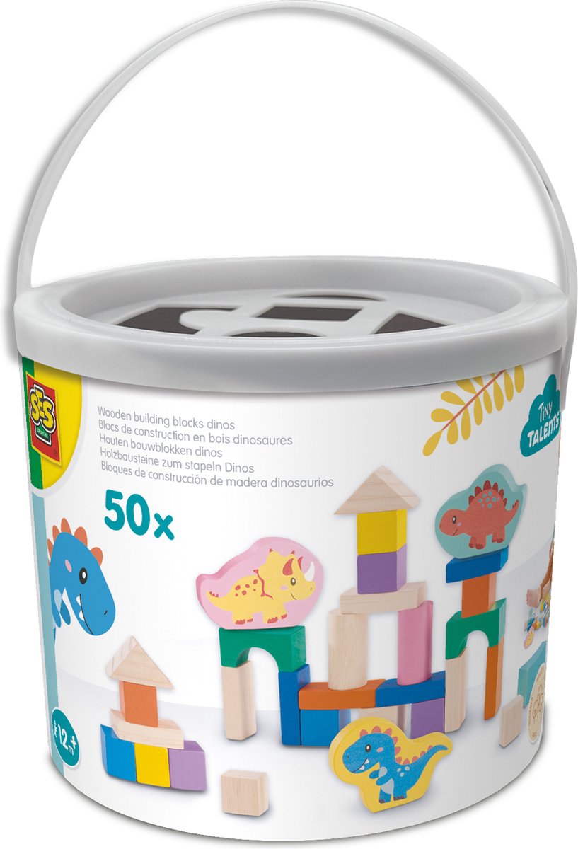 Ses creative tiny talents houten bouwblokken - dino's in ton - vanaf 1 jaar - 50 stuks - baby speelgoed - motorische ontwikkeling - schoencadeautjes sinterklaas