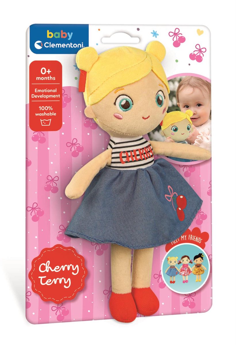 Clementoni zachte knuffelpop cherry terry - knuffel en pop voor baby en peuter - zacht kraamcadeau - wasbaar poppen speelgoed voor de allerkleinsten