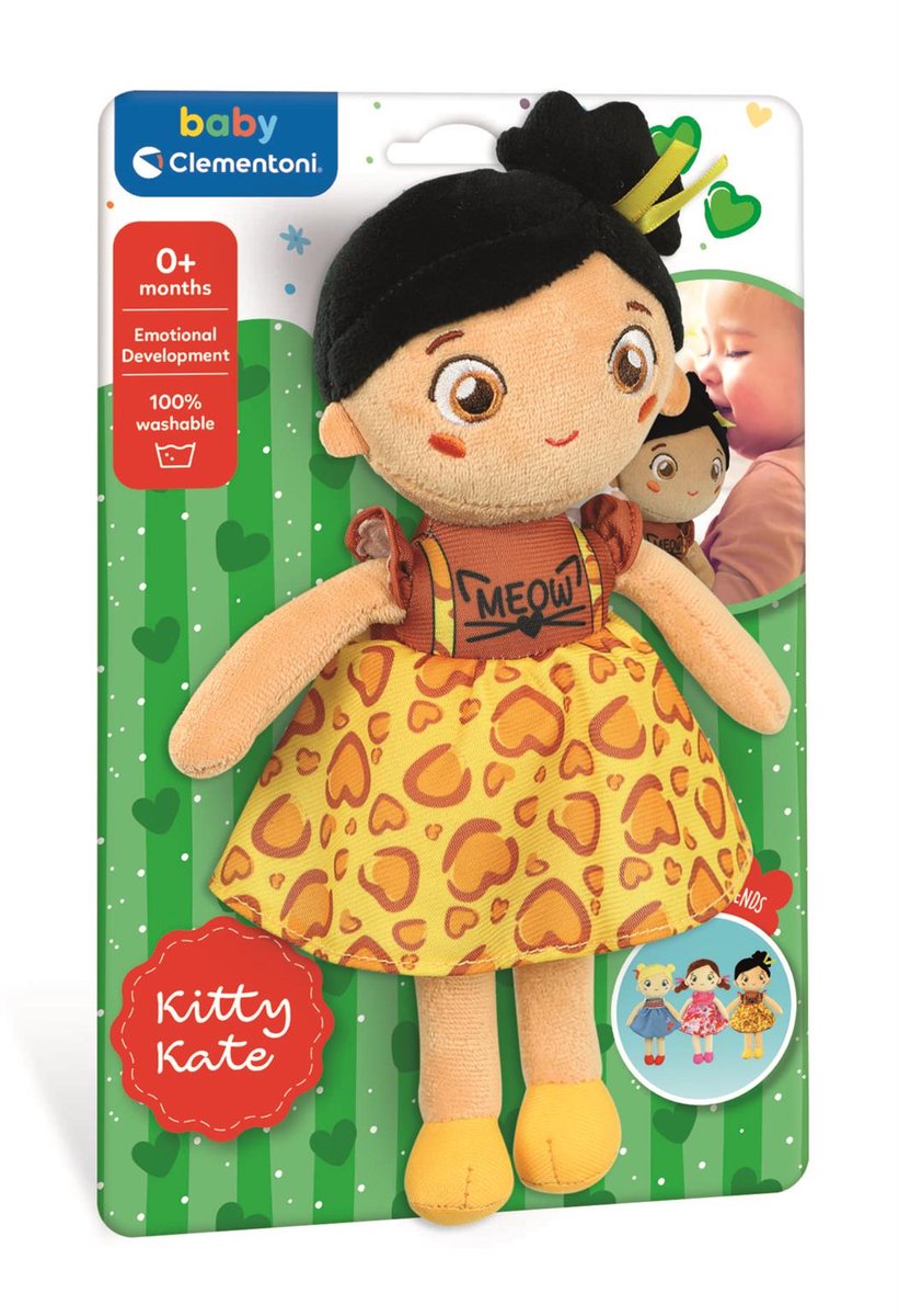 Clementoni - zachte knuffelpop kitty kate - knuffel en pop voor baby en peuter - zacht kraamcadeau - wasbaar poppen speelgoed voor de allerkleinsten