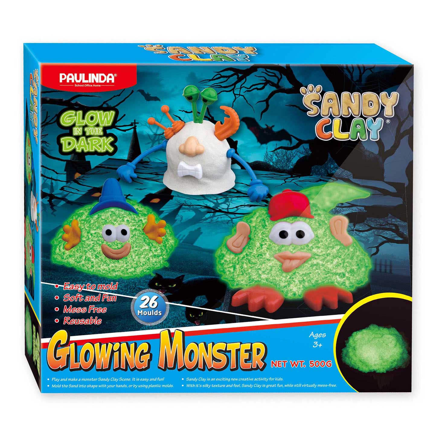 Paulinda glow in the dark speelzand glowing monsters, 500gr.