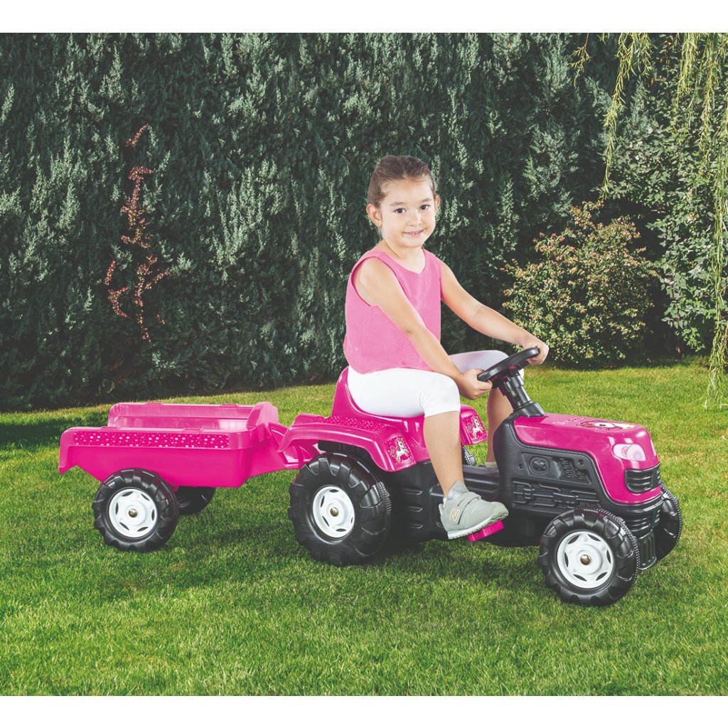 Dolu - Dolu eenhoorn traptractor met aanhanger roze/zwart