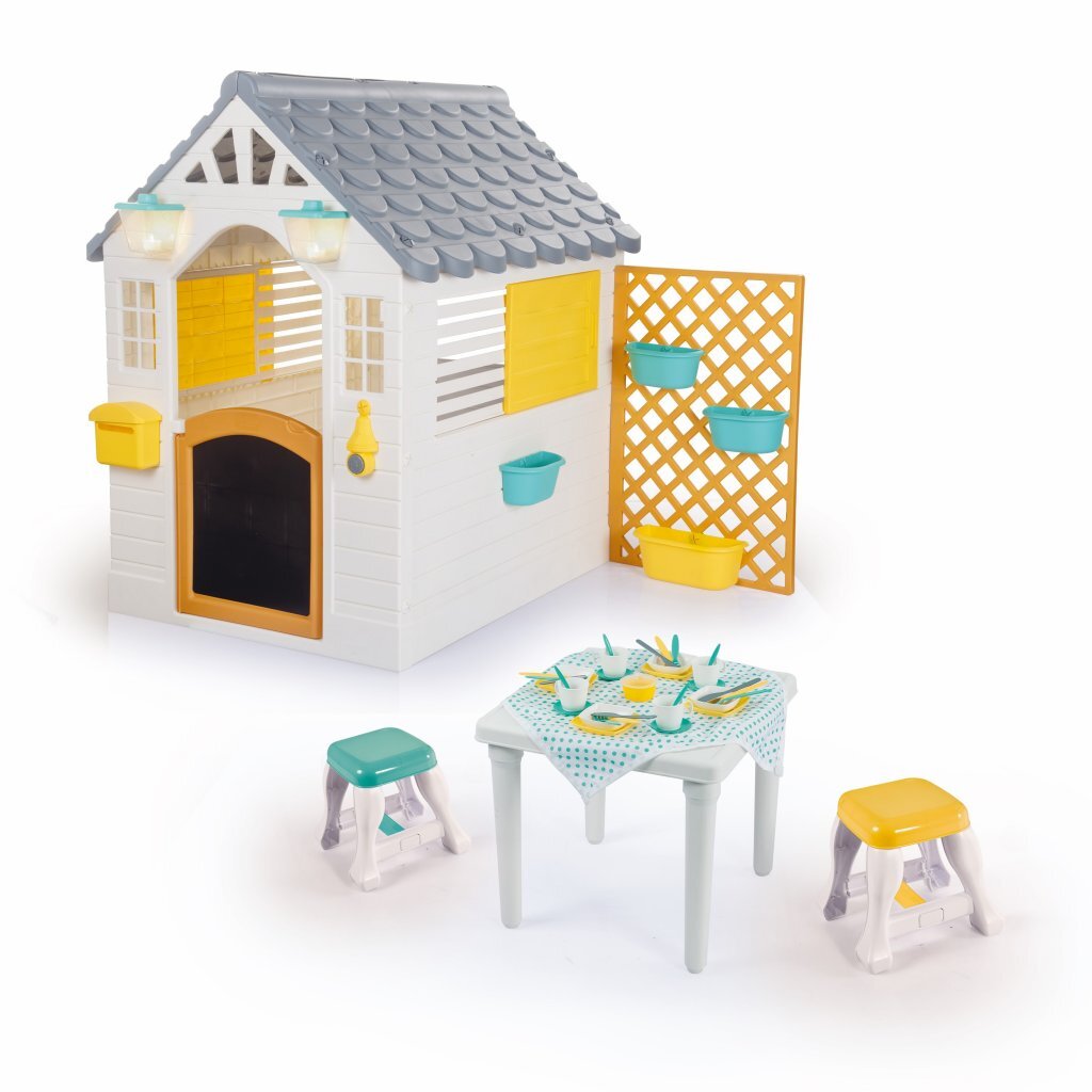 Dolu - Dolu tuin speelhuis + accessoires + tafel en 2 stoelen wit/grijs 140x127x107.5 cm