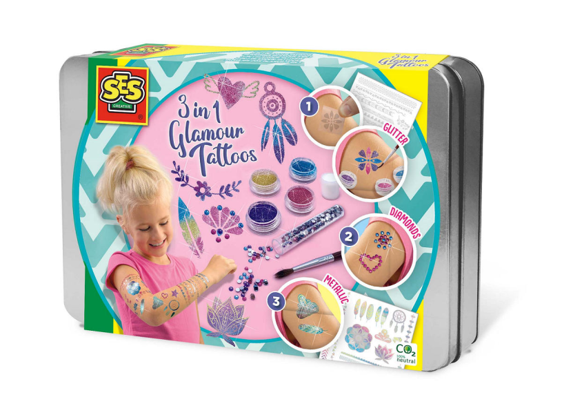 Ses creative 3-in-1 glamour tattoos - metallic en glitter - voor meisjes vanaf 5 jaar - tattoos kinderen - eenvoudig verwijderbaar - schoencadeautjes sinterklaas