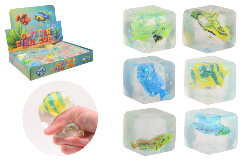 Johntoy slow rise glitter kubus met vis - 12 assorti in display