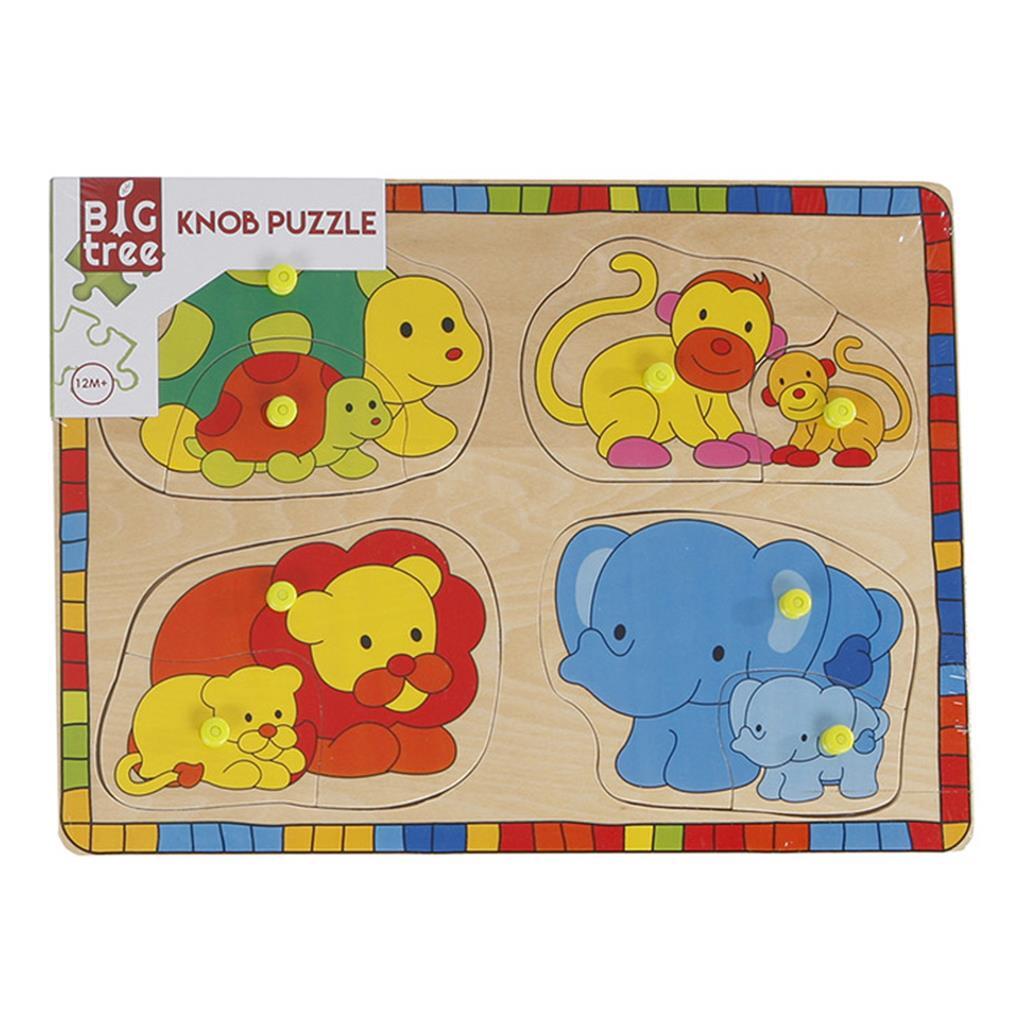 Houten noppenpuzzel wilde dieren met jongen, 8st.