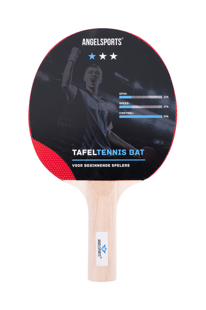 Angel sports tafeltennisbat 1 ster – recht houten handvat – nopjesrubber – plywood – ping pong – recreatief gebruik – longfield