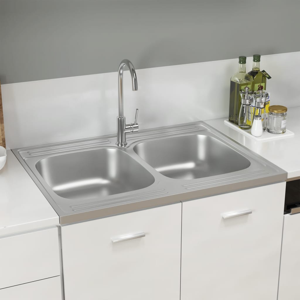 Vidaxl gootsteen met dubbele bak 800x600x155 mm roestvrij staal zilver