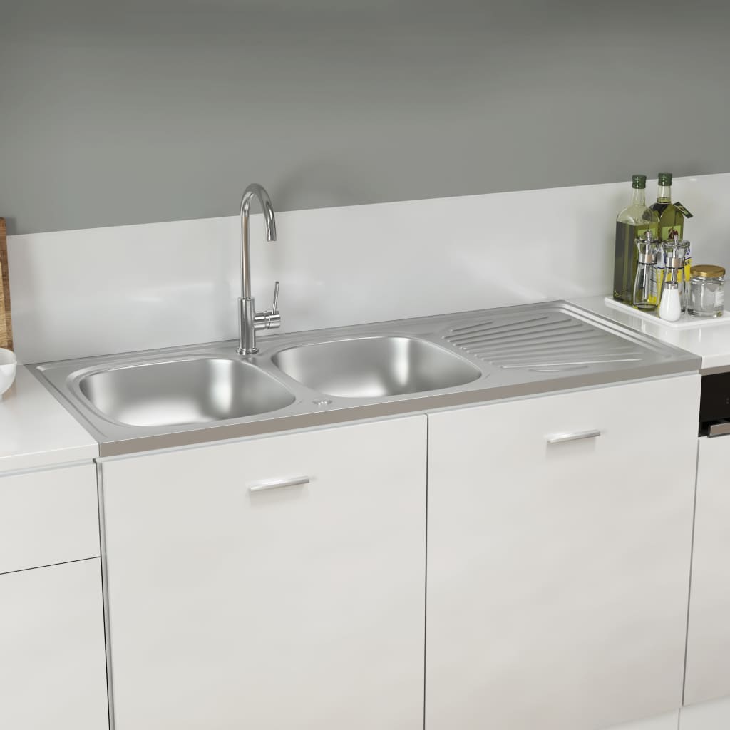 Vidaxl gootsteen dubbele bakken 1200x500x155 mm roestvrij staal zilver
