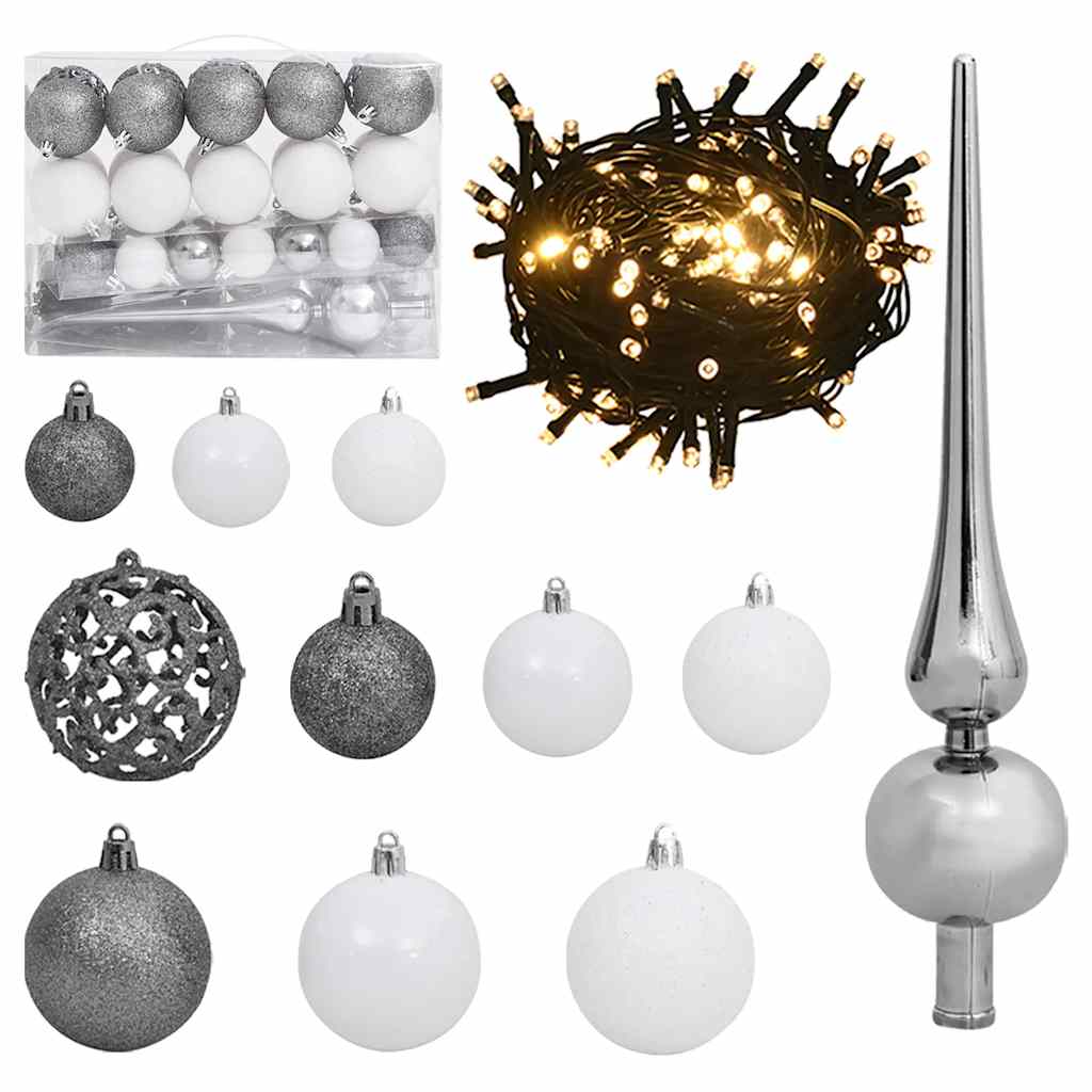 Vidaxl 60-delige kerstballenset met piek en 150 led's wit en grijs