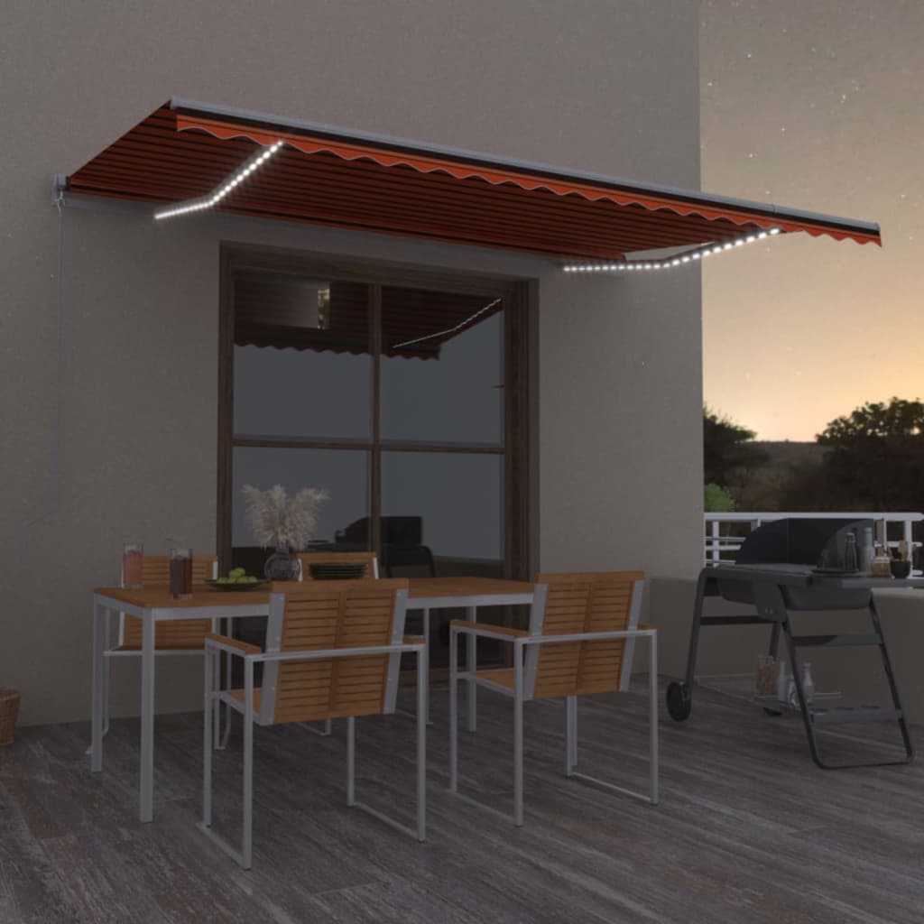 VidaXL Luifel handmatig uittrekbaar met LED 500x350 cm oranje en bruin