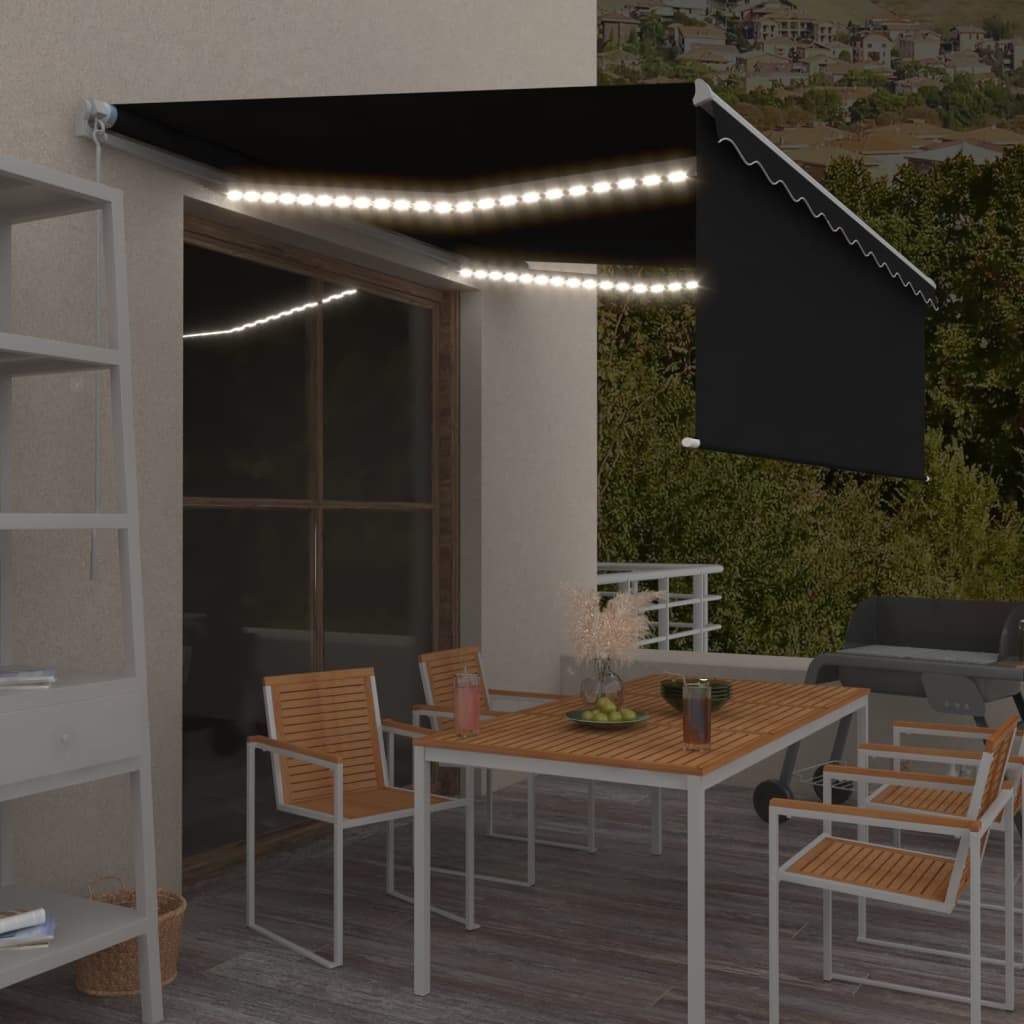 VidaXL Luifel handmatig uittrekbaar met rolgordijn LED 4x3 m antraciet