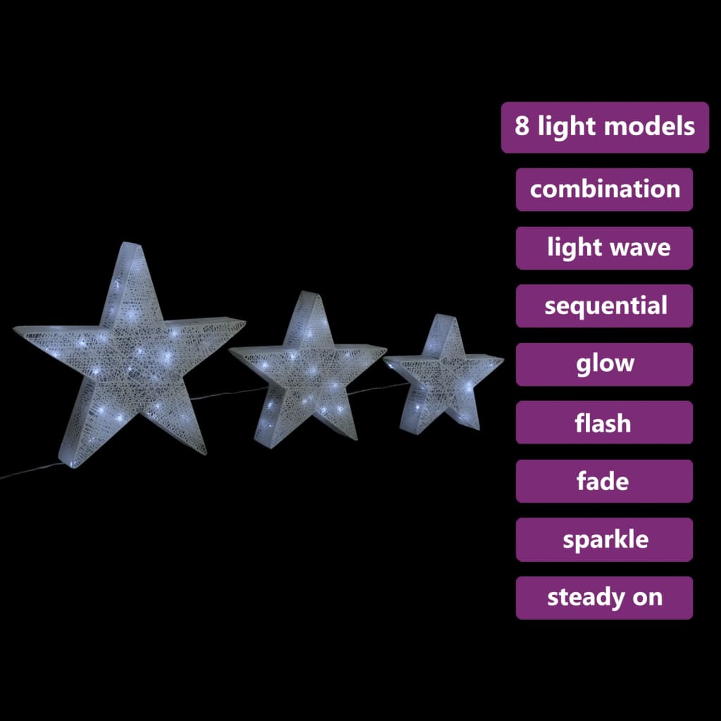 VidaXL Kerstdecoratiesterren 3 st LED buiten binnen mesh wit