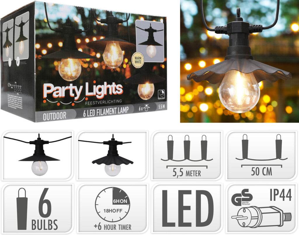Pro Garden - Garden party lights buitenverlichting 6 led filament lampen warm wit 55 meter feestverlichting voor buiten