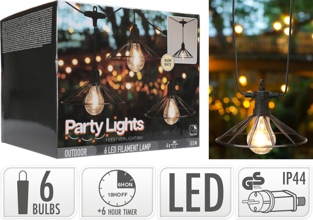 Excellent Houseware - Houseware garden party lights vintage led lichtsnoer 6 filament lampen met industrieel korfje 5.5m ip44