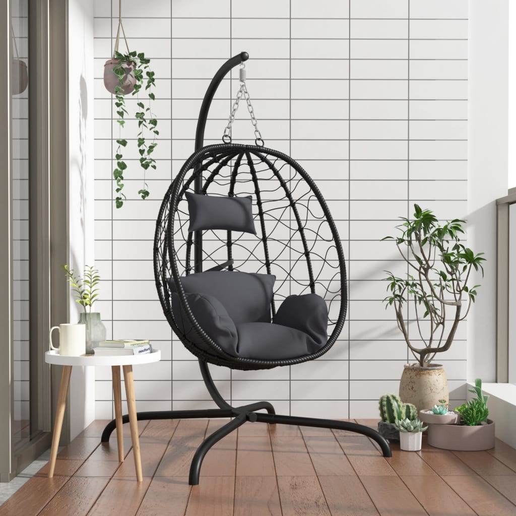 Vidaxl hangende ei-stoel met kussen antraciet poly rattan staal