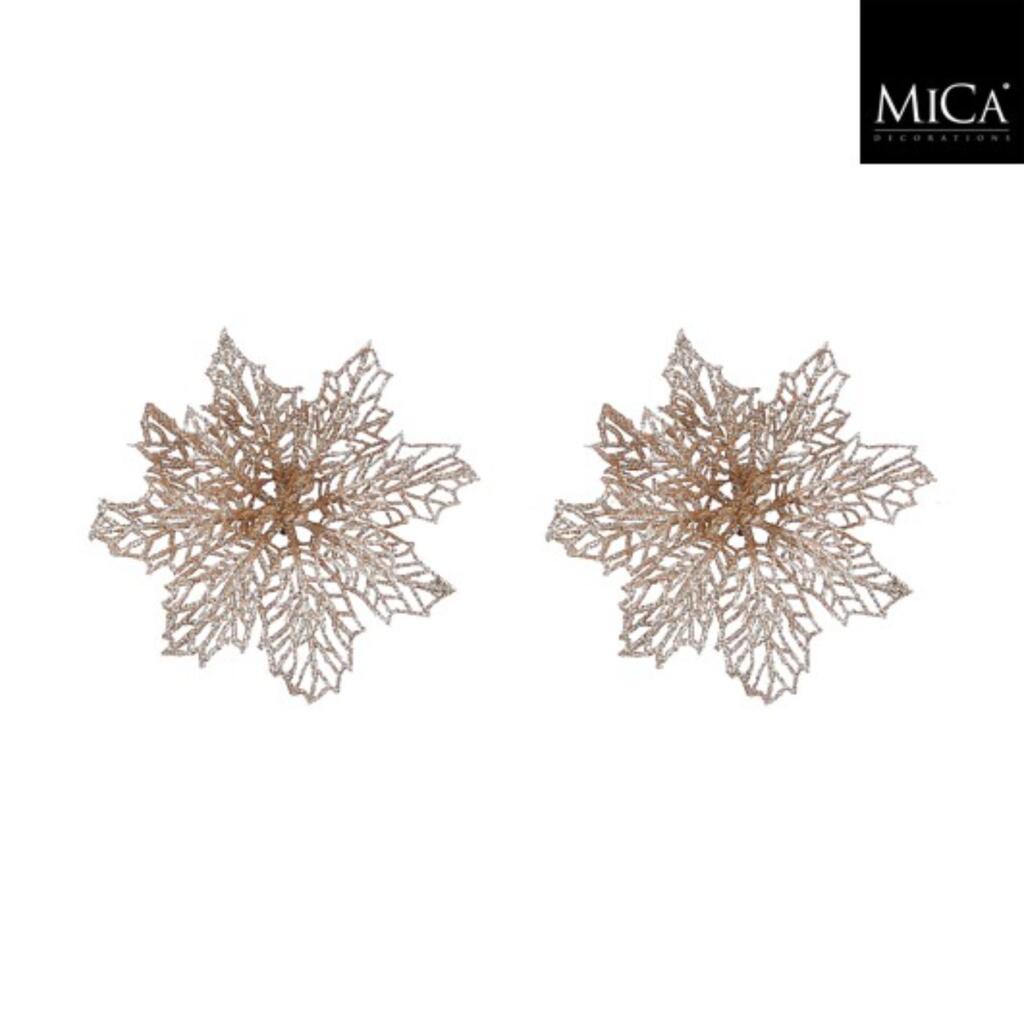 Mica decorations clip poinsettia 3x13.5 cm 2 stuks champagne