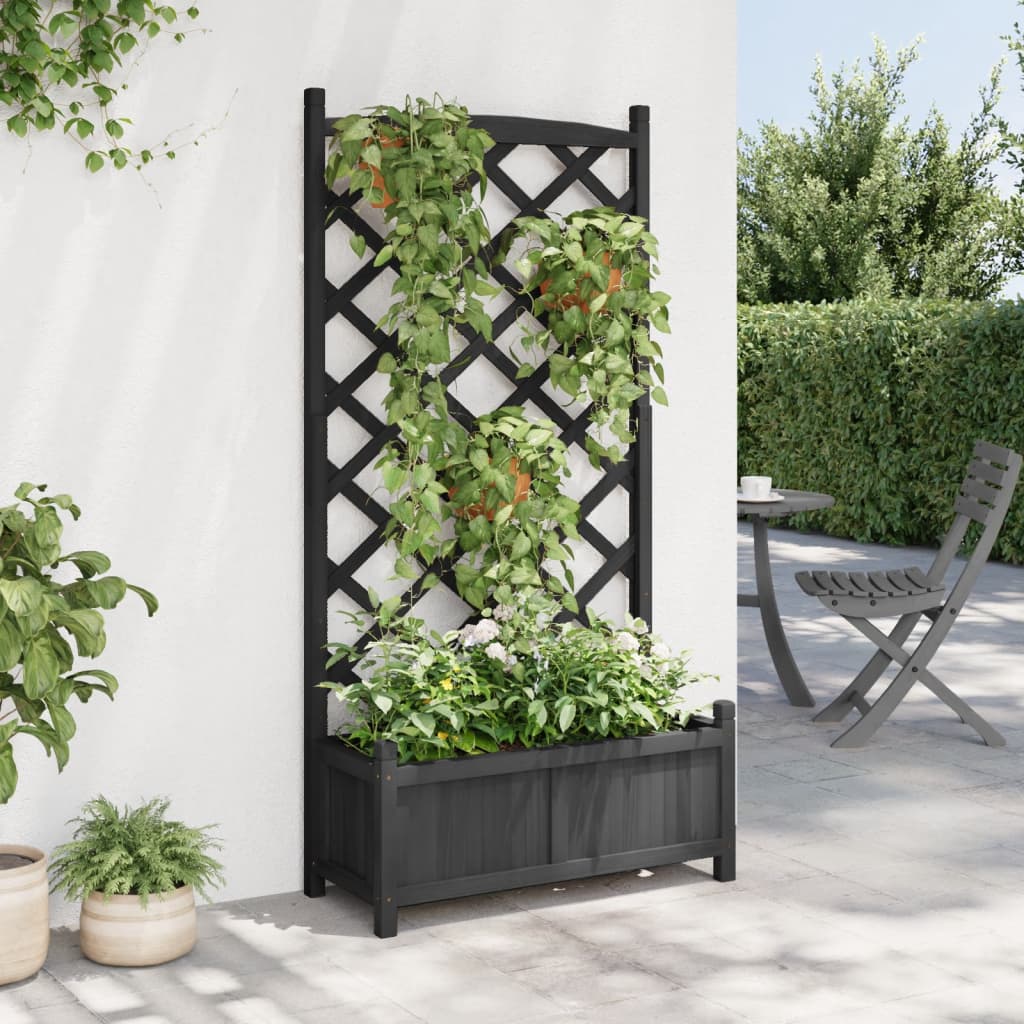 Vidaxl plantenbak met latwerk 75x35x150 cm massief vurenhout zwart