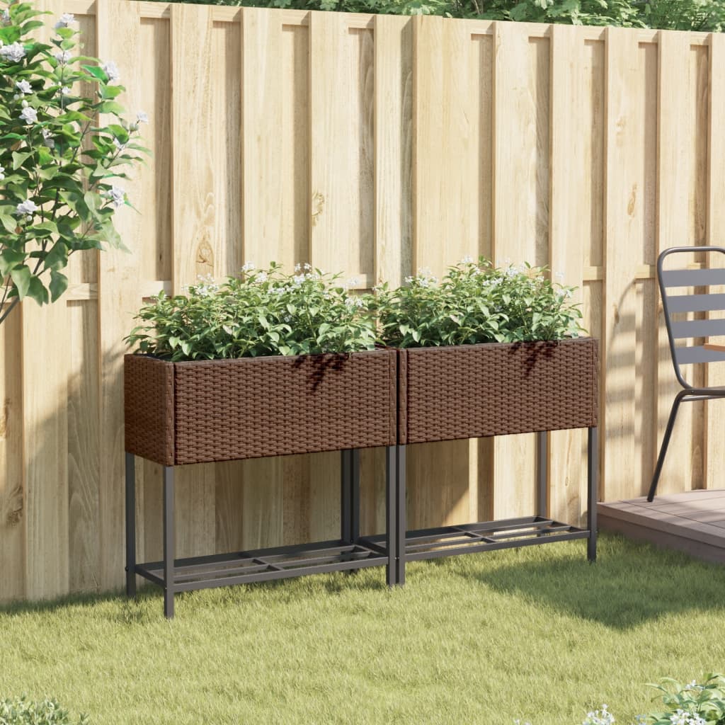 Vidaxl plantenbakken met schap 2 st 70x28x70 poly rattan bruin
