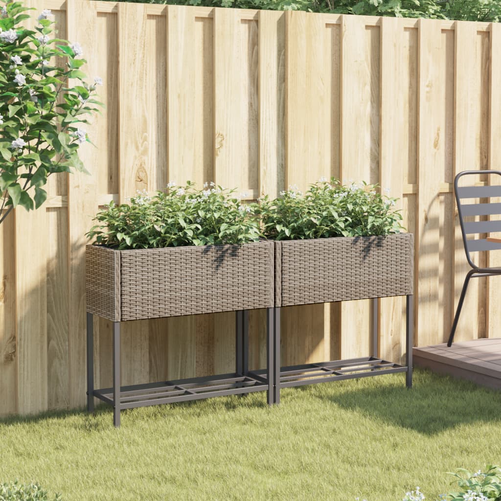 Vidaxl plantenbakken met schap 2 st 70x28x70 poly rattan grijs
