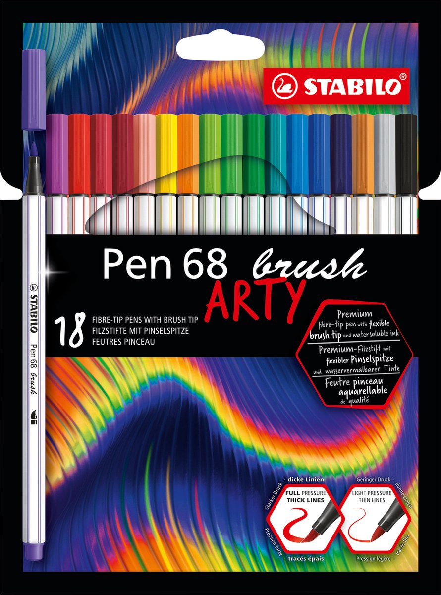 Stabilo pen 68 - premium brush viltstift - met flexibele penseelpunt - arty etui met 18 verschillende kleuren