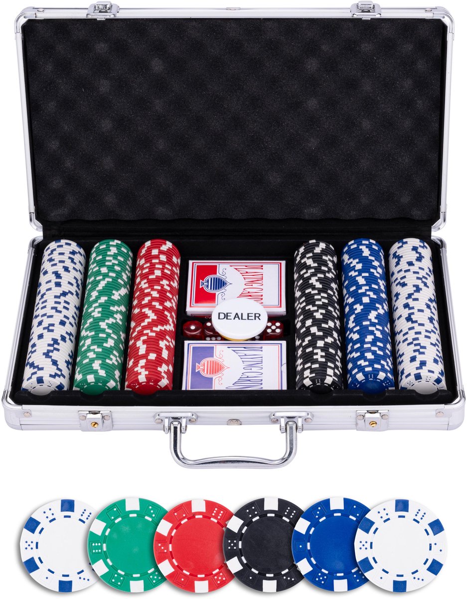 Longfield - Longfield Pokerset in zilveren koffer met 300 chips (115 g) – compleet met kaarten dealer buttons & dobbelstenen – engelhart